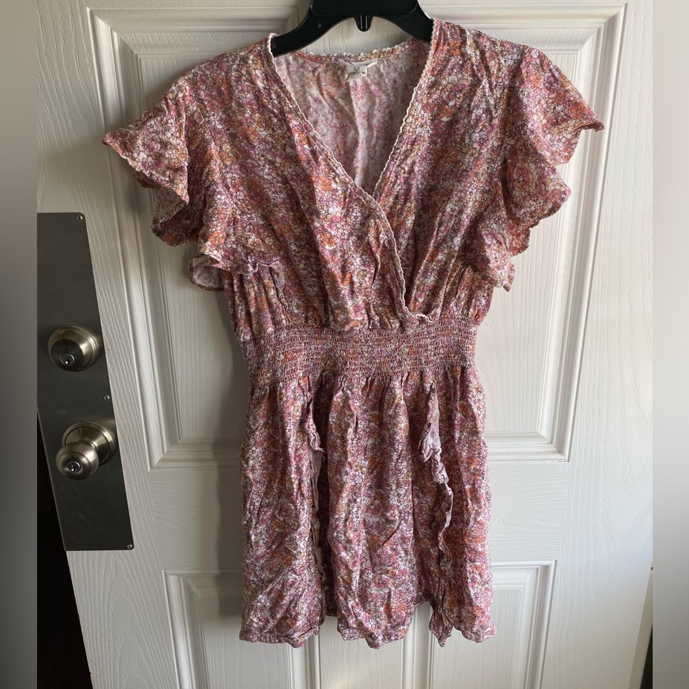 Japna Pink Orange Floral Smocked Ruffled Summer Dress